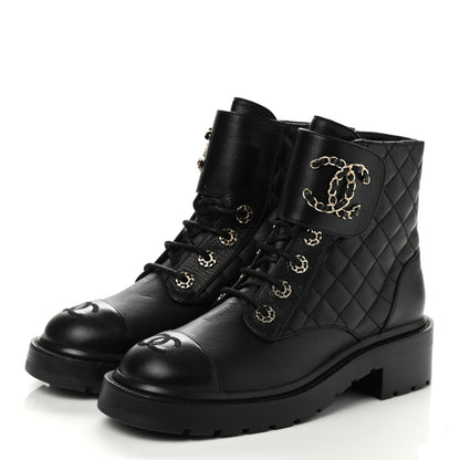 Chanel Shiny Calfskin Quilted Lace Up Combat Boots 38 Black 3 of 8