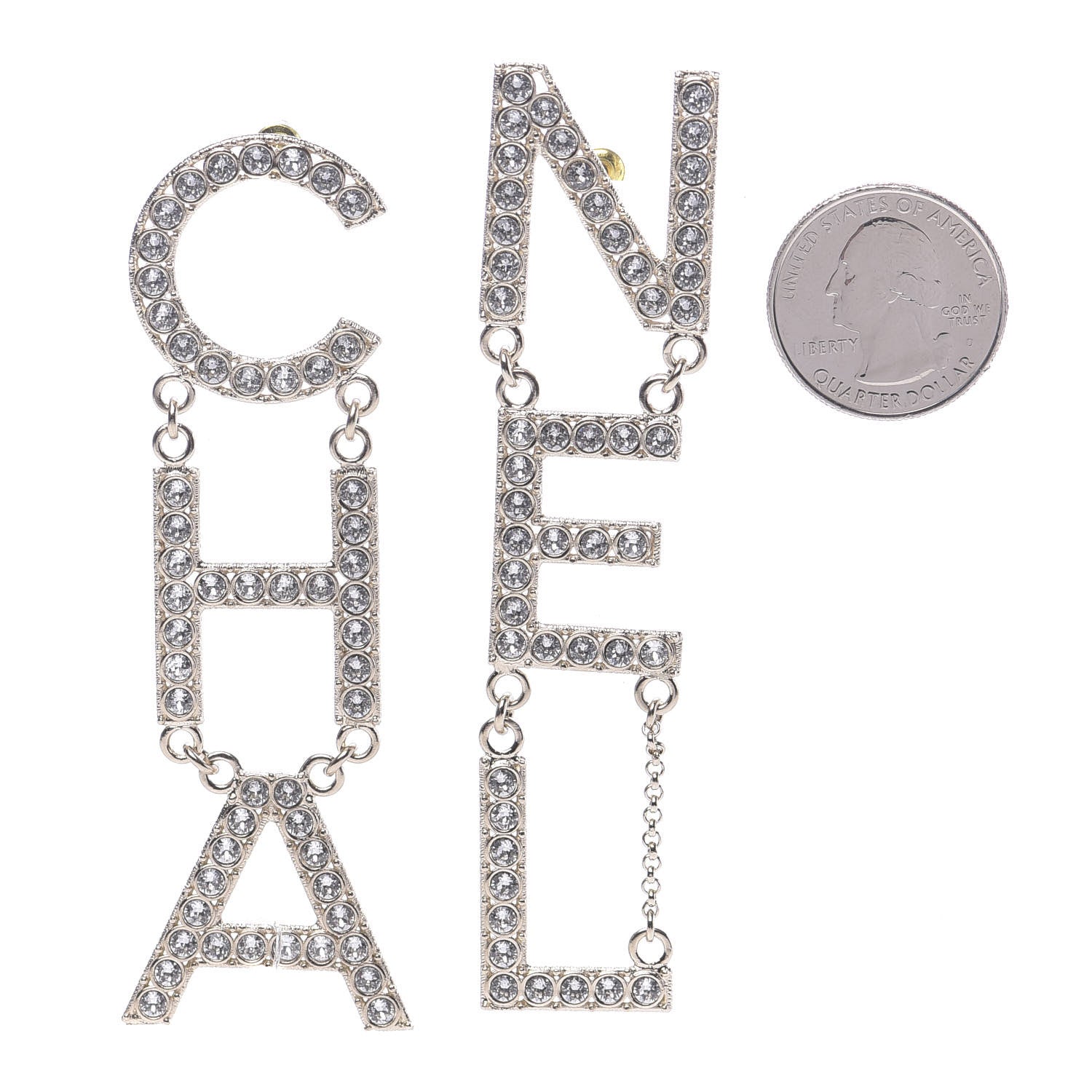 Chanel Crystal Cha-Nel Logo Drop Earrings Gold 2 of 5
