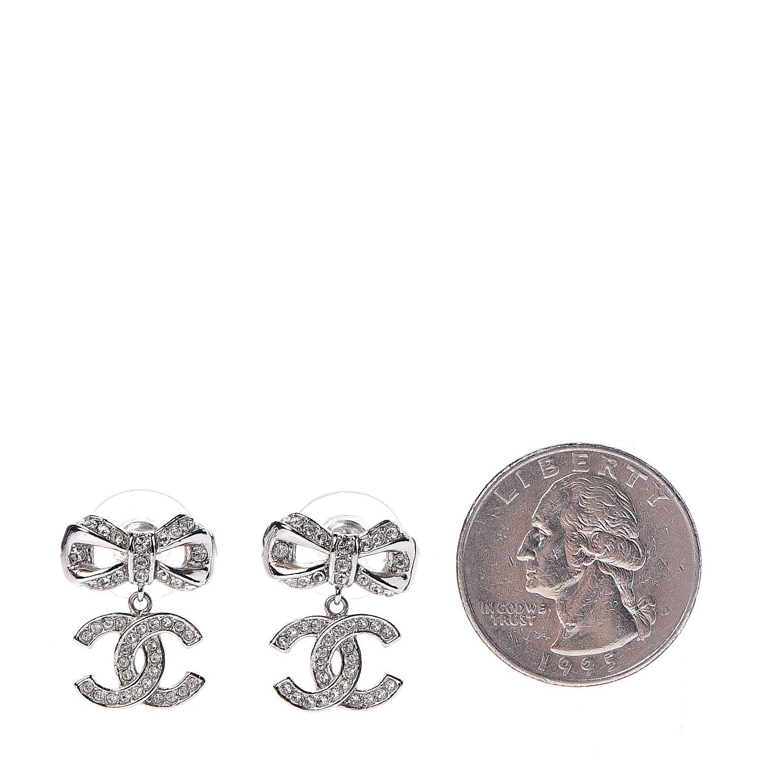 Chanel Crystal CC Bow Drop Earrings Silver 2 of 5