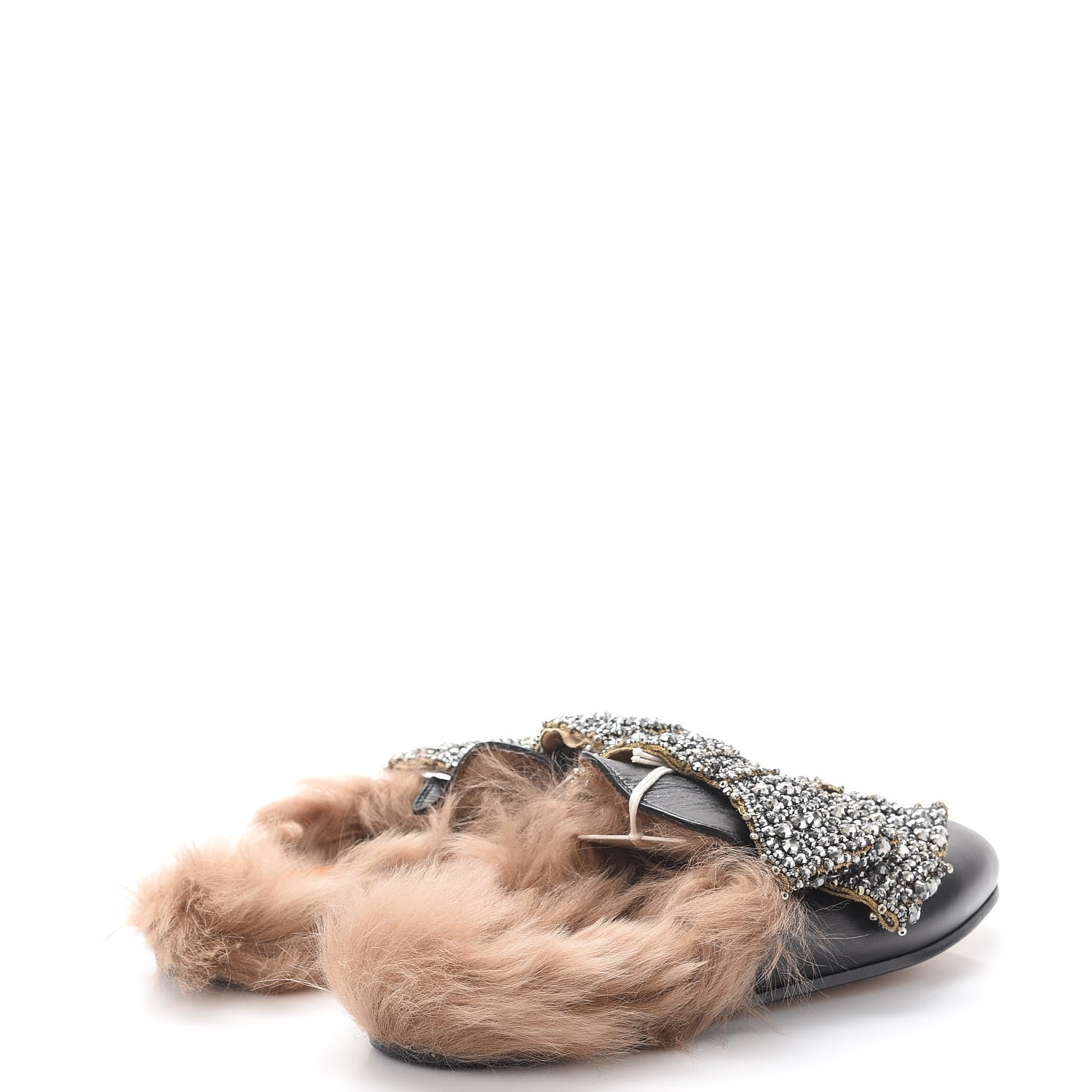 Gucci Malaga Kid Fur Crystal Bow Embroidered Womens Princetown Slippers 37.5 Black 4 of 7