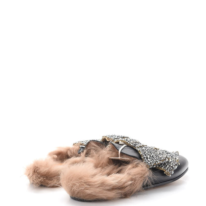 Gucci Malaga Kid Fur Crystal Bow Embroidered Womens Princetown Slippers 37.5 Black 4 of 7