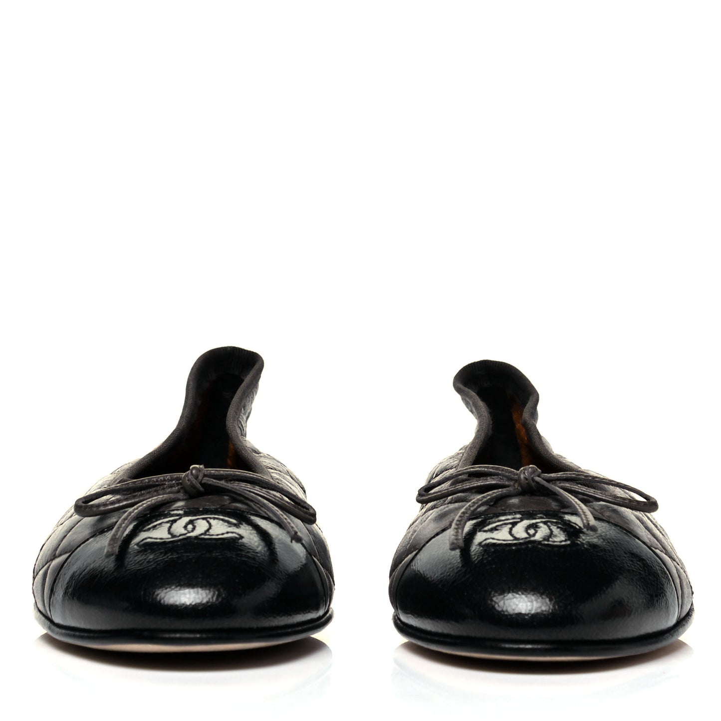 Metallic Aged Calfskin Patent Quilted CC Cap Toe Ballerina Flats 39 Dark Brown