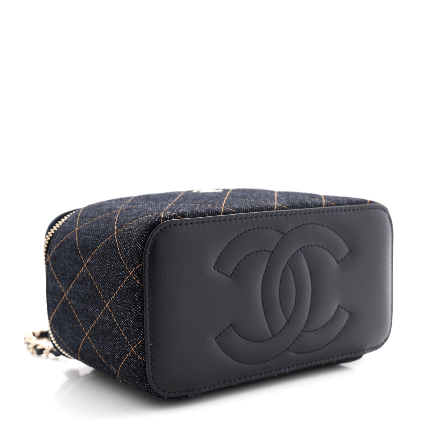 Denim Quilted Vanity Case With Chain Dark Blue