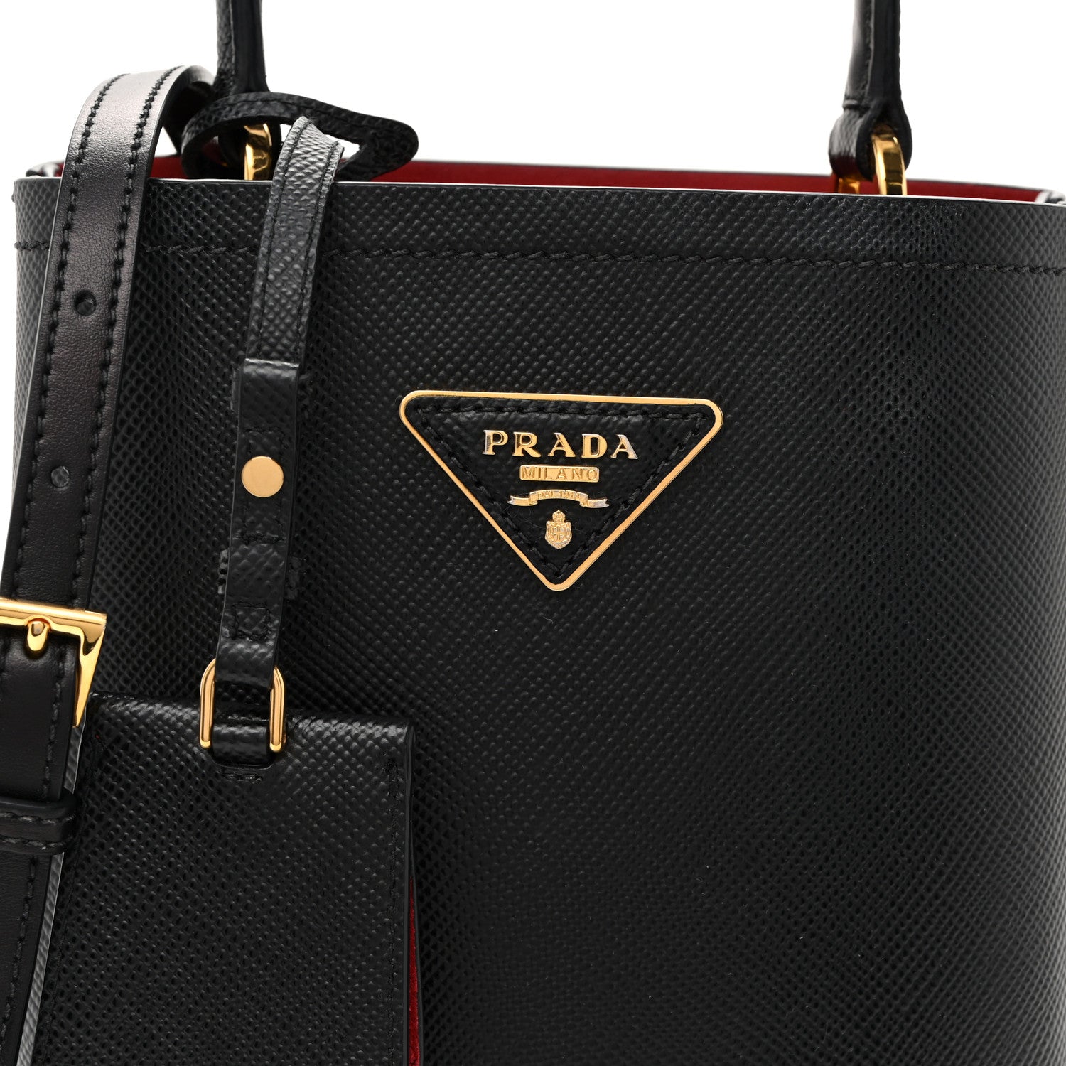 Prada Saffiano Cuir Small Panier Bucket Bag Black Fuoco 7 of 10