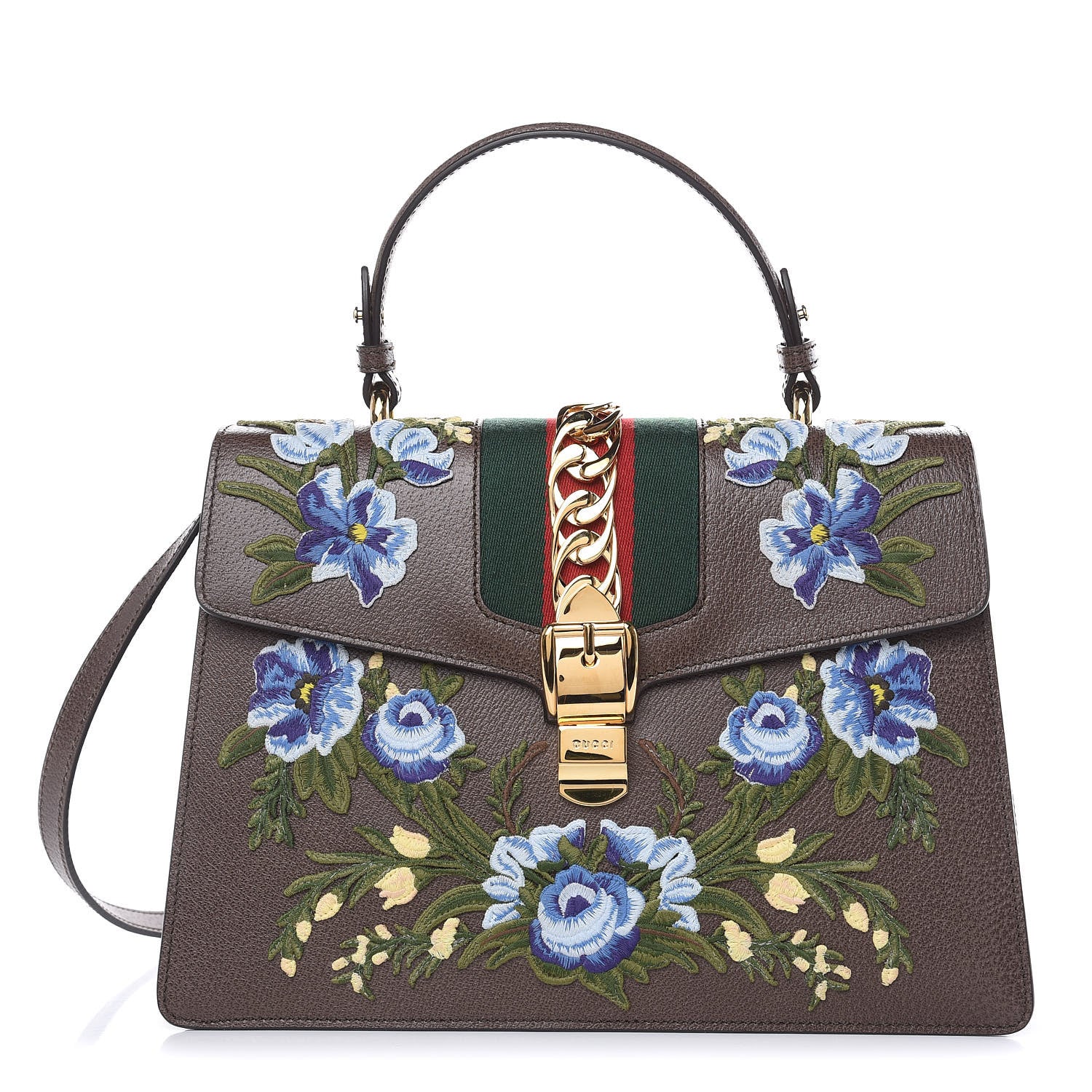 Gucci Calfskin Embroidered Medium Sylvie Top Handle Bag New Acero Multicolor 1 of 9