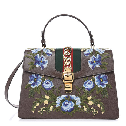 Gucci Calfskin Embroidered Medium Sylvie Top Handle Bag New Acero Multicolor 1 of 9