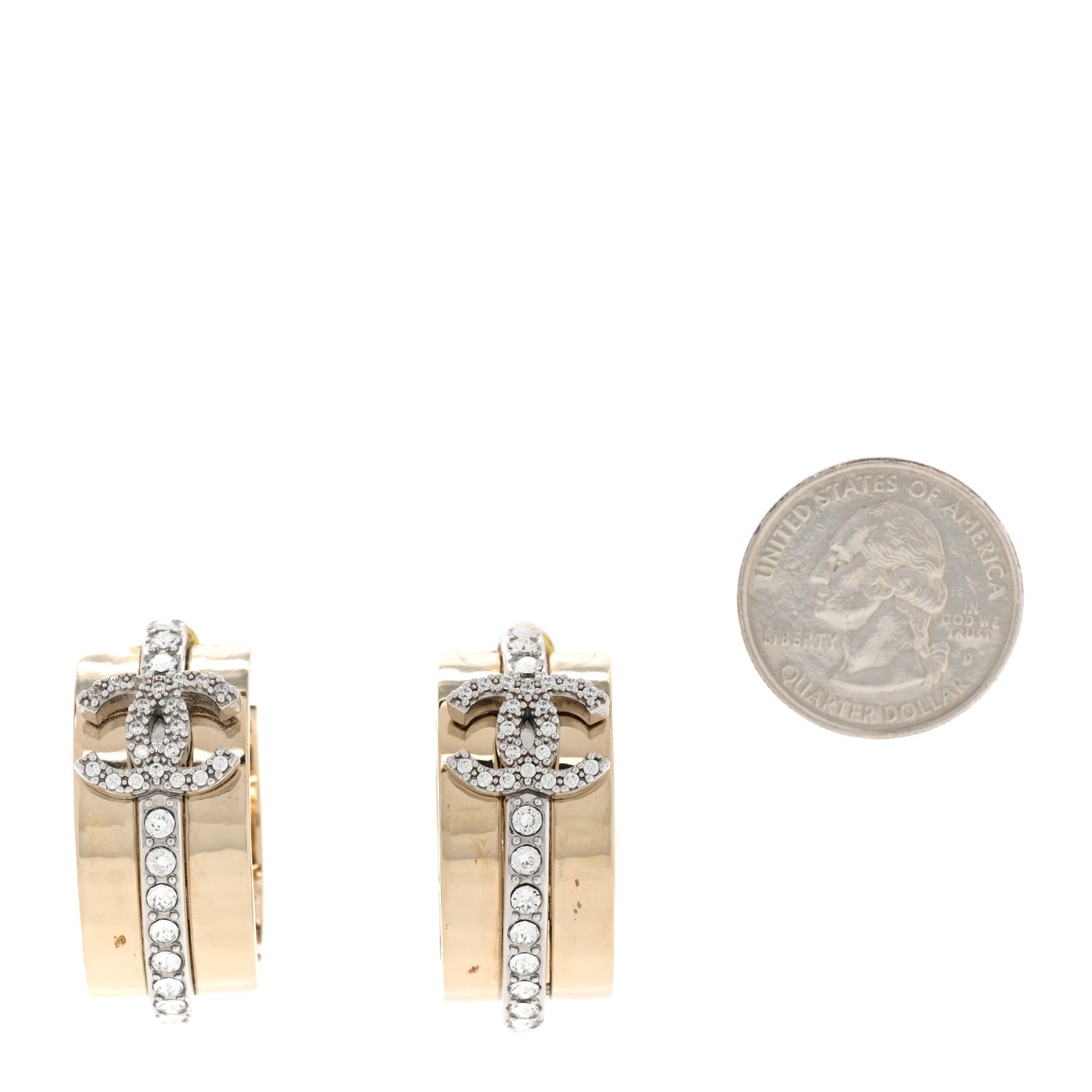 Chanel Metal Crystal CC Hoop Earrings Gold Silver 2 of 8