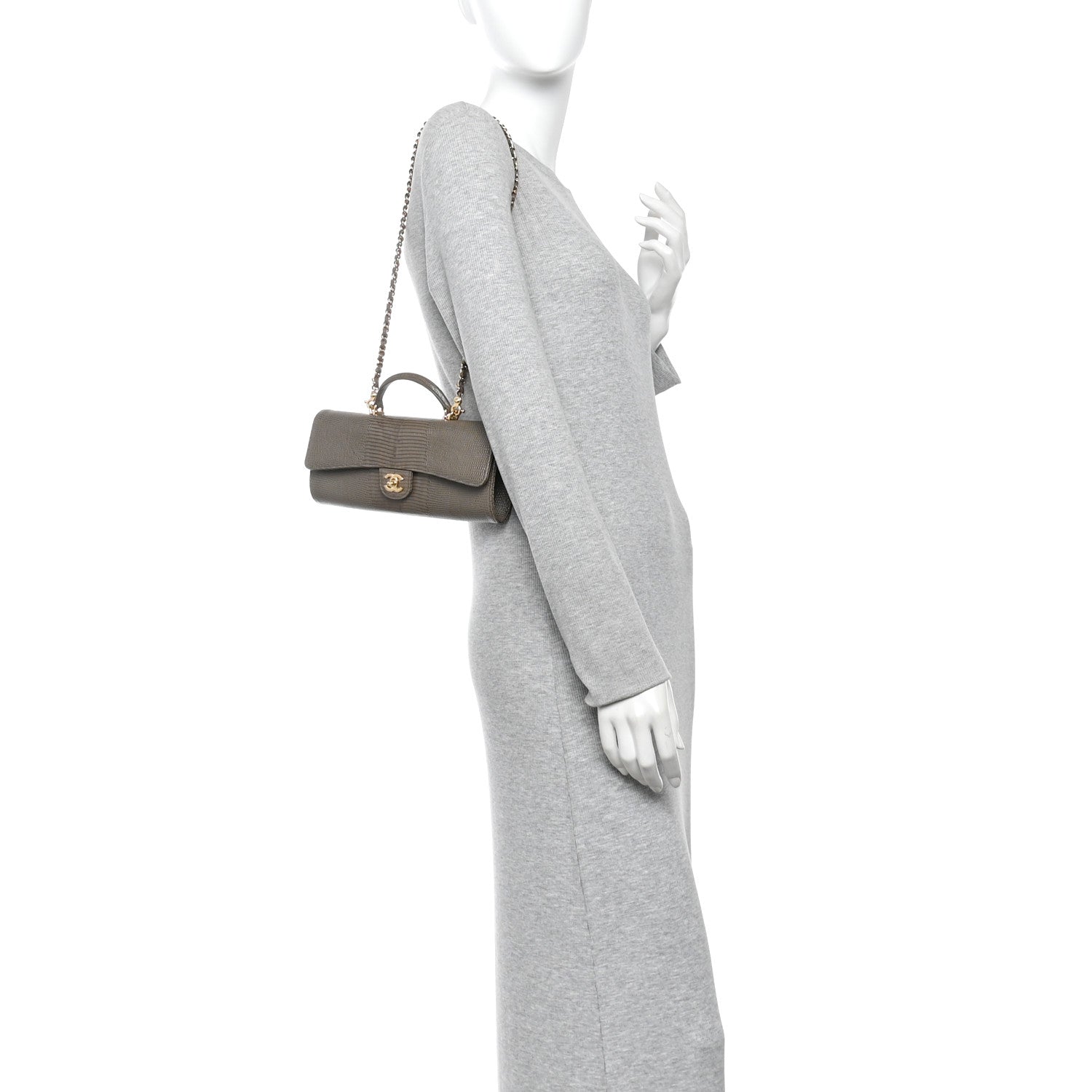 Chanel Calfskin Lizard Embossed Top Handle Long Clutch With Chain Dark Khaki 2 of 11