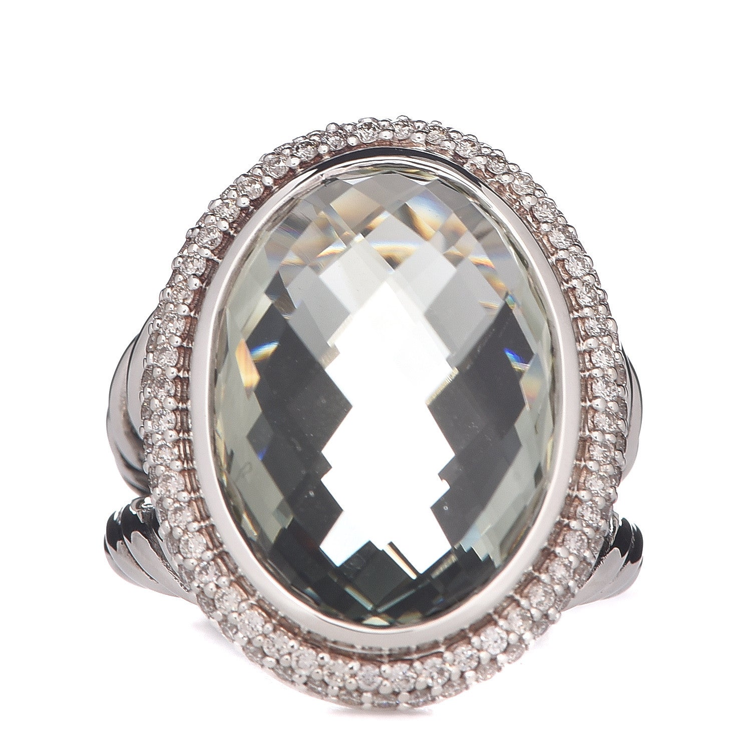 David Yurman Sterling Silver Prasiolite Diamond 18mm Signature Oval Ring 52 6 1 of 5