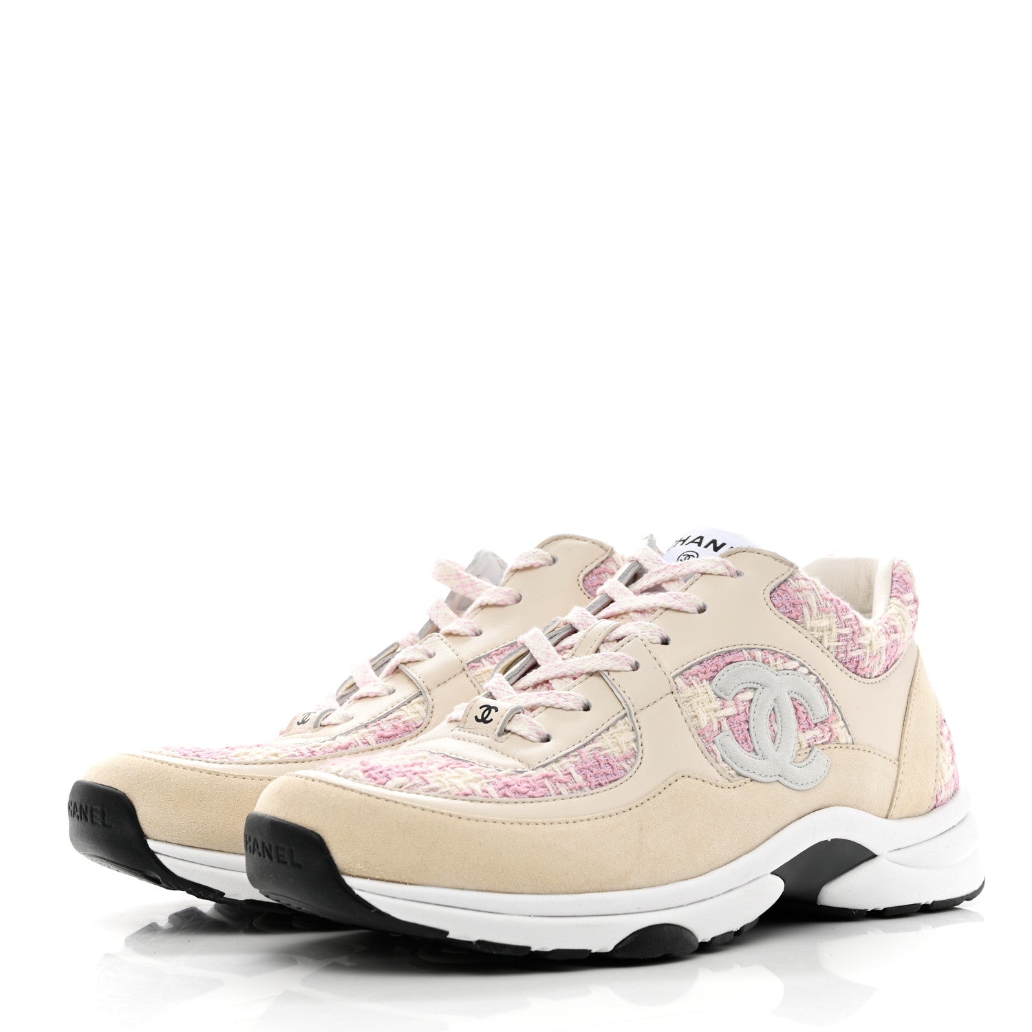 Chanel Tweed Suede Calfskin Womens CC Sneakers 39.5 Pink Ecru 3 of 7