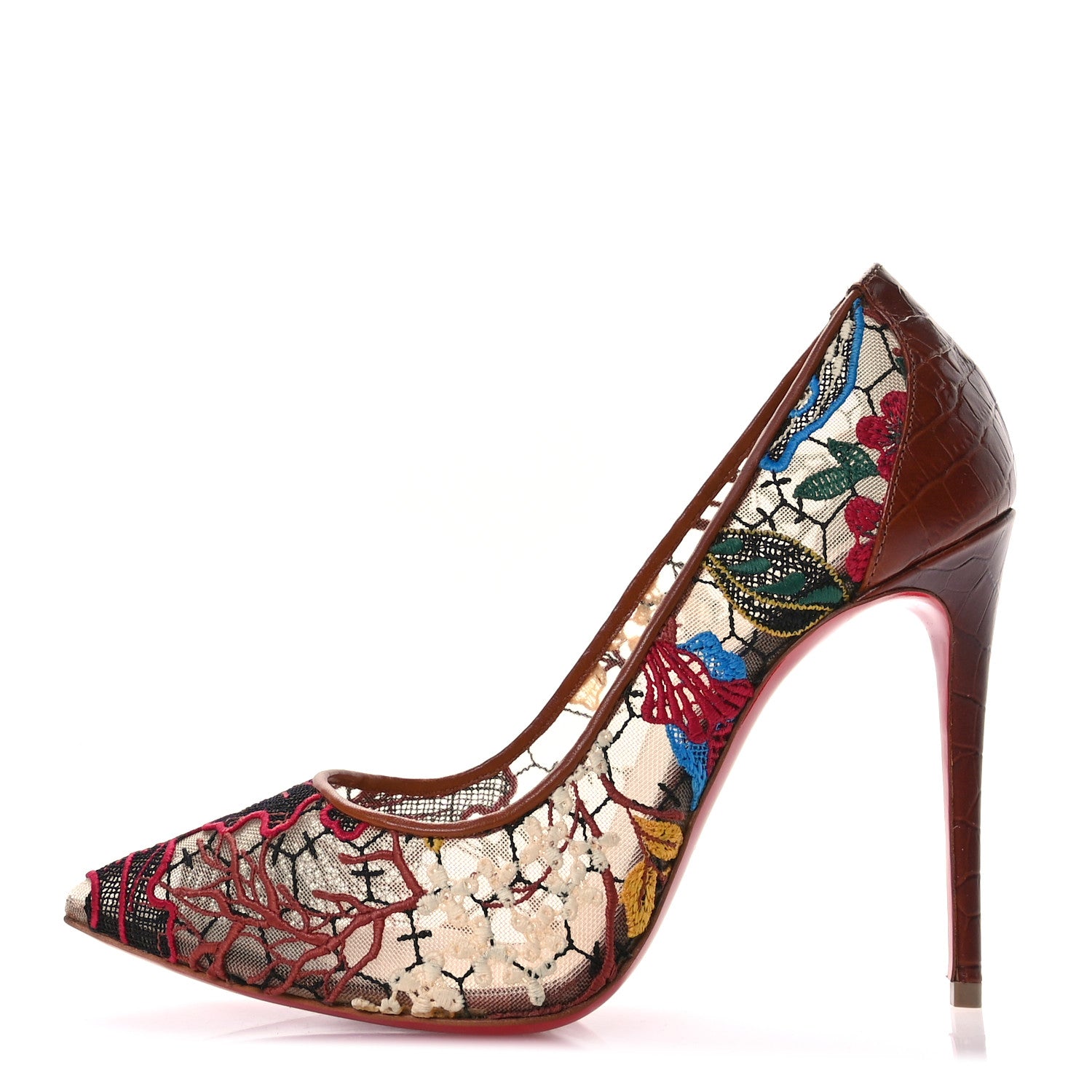 Christian Louboutin Lace Calfskin Crocodile Embossed Follies 100 Pumps 37.5 Cuoio Multicolor 1 of 8