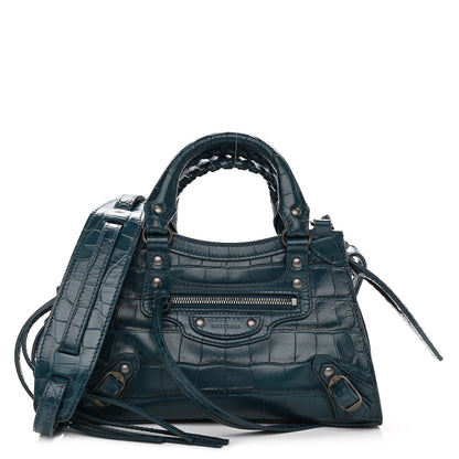 Balenciaga Calfskin Crocodile Embossed Neo Classic Silver Hardware Mini City Dark Petrol Blue 1 of 9