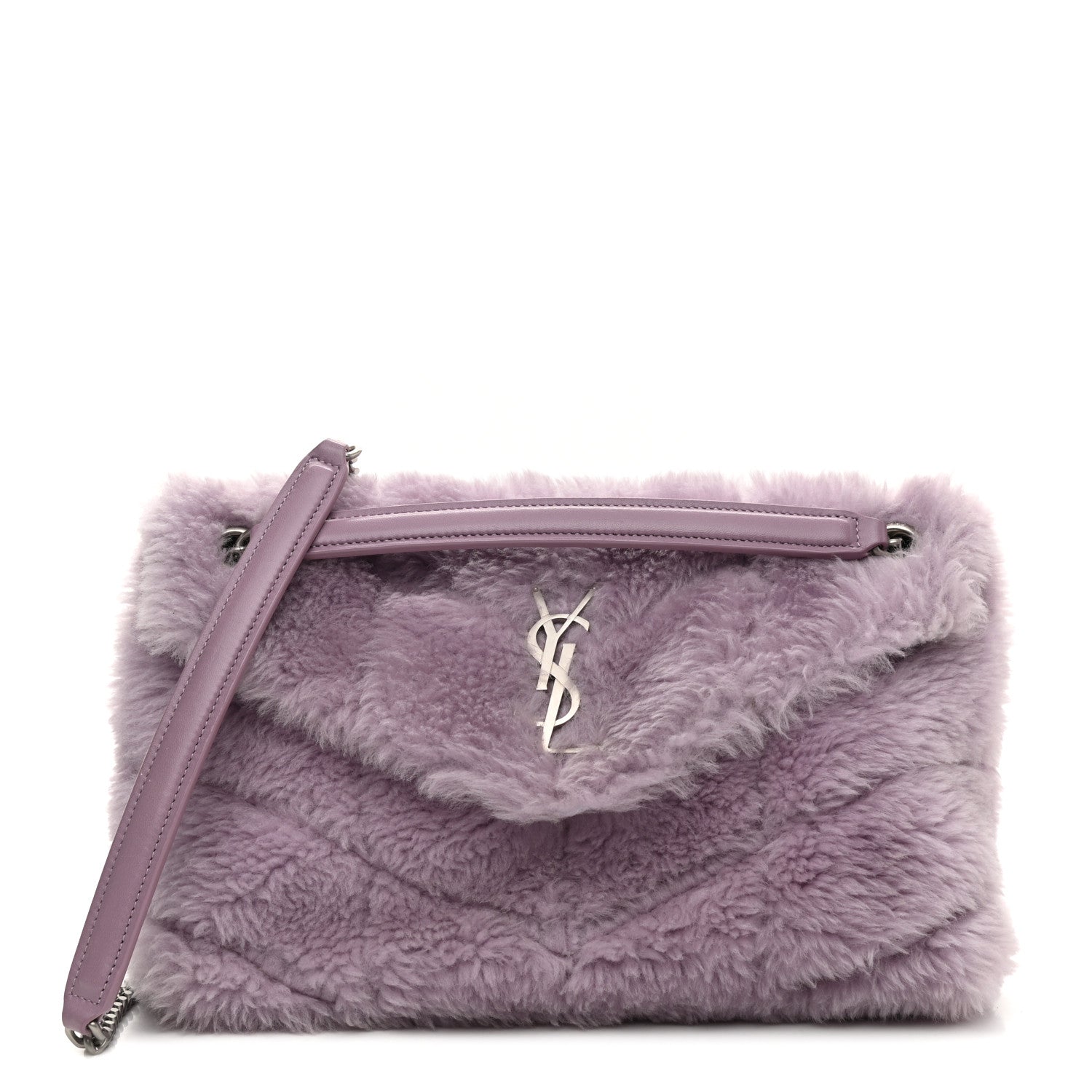 Saint Laurent Merino Shearling Lambskin Quilted Small Loulou Puffer Monogram Chain Satchel Lila 1 of 10