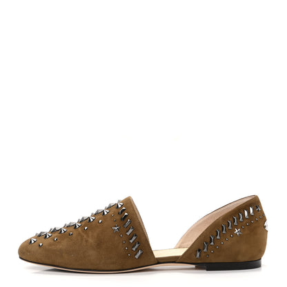 Jimmy Choo Suede Punk Studded Globe Flats 40 Olive 1 of 8