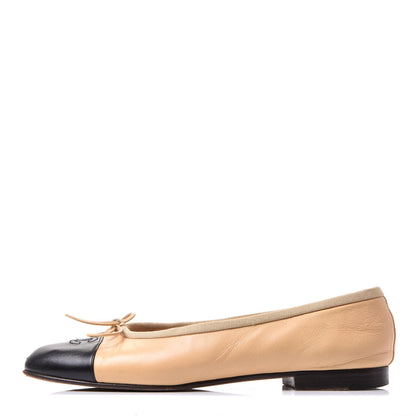 Chanel Lambskin Cap Toe CC Ballerina Flats 39 Beige Black 1 of 9