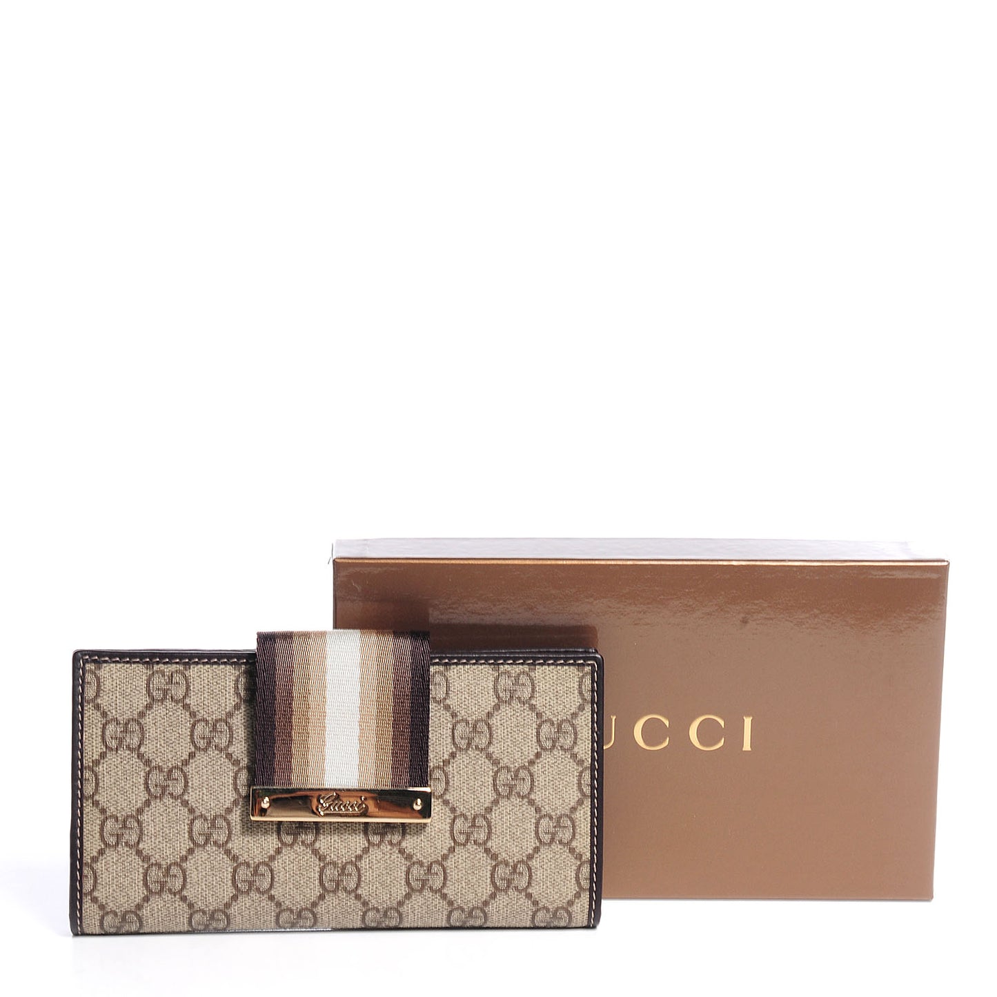 GG Plus Monogram Calfskin Ladies Web Continental Wallet Beige Ebony Brown