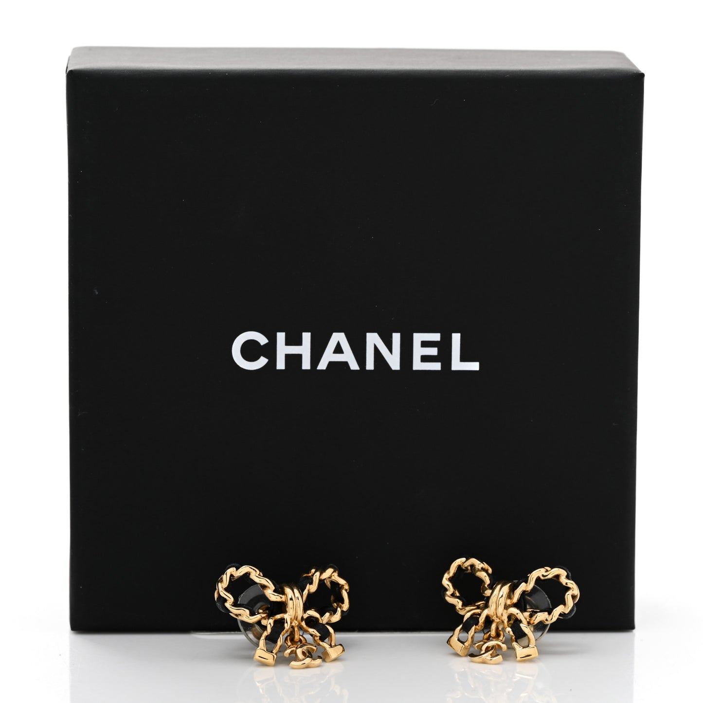Lambskin Chain Bow Stud Earrings Black Gold