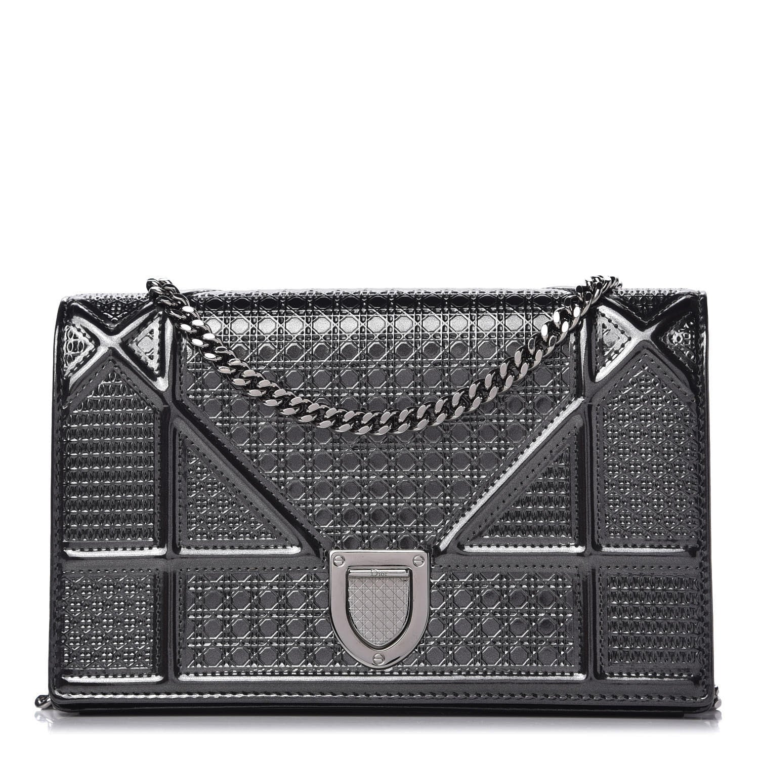 Christian Dior Metallic Patent Micro-Cannage Diorama Wallet on Chain Pouch Onyx Black 1 of 9