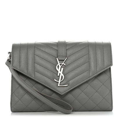 Saint Laurent Grain De Poudre Textured Mixed Matelasse Triquilt Monogram Clutch Storm 1 of 8