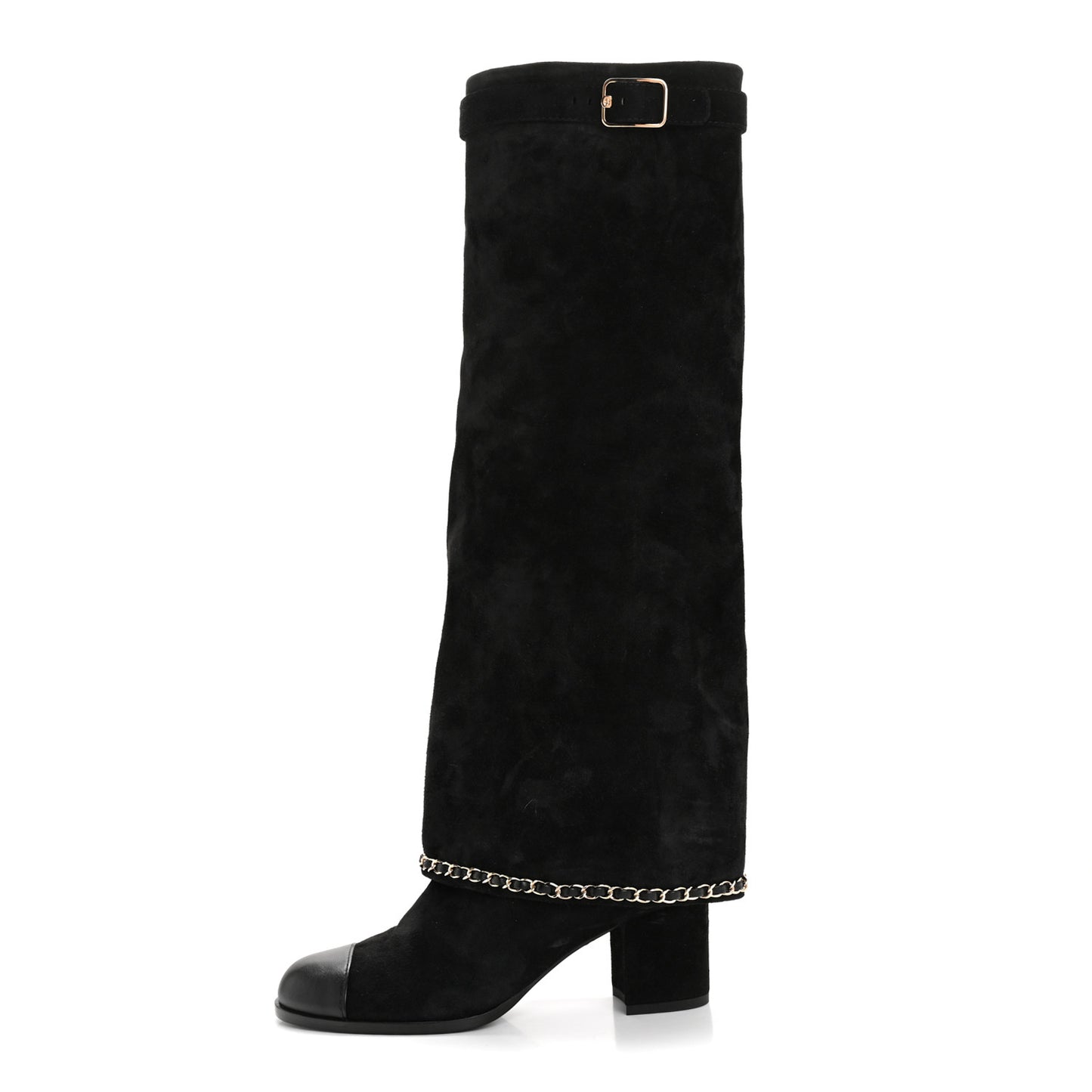 Suede Calfskin Lambskin Cap Toe Chain Fold Over High Boots 37 Black