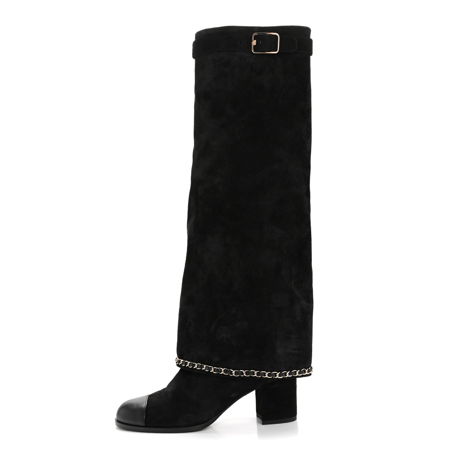 Chanel Suede Calfskin Lambskin Cap Toe Chain Fold Over High Boots 37 Black 1 of 8