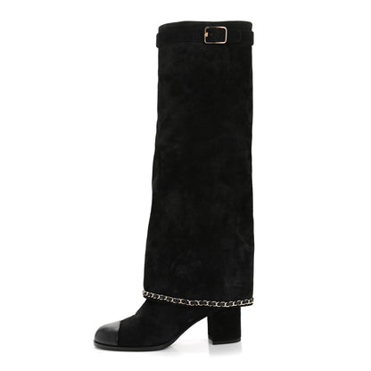 Chanel Suede Calfskin Lambskin Cap Toe Chain Fold Over High Boots 37 Black 1 of 8