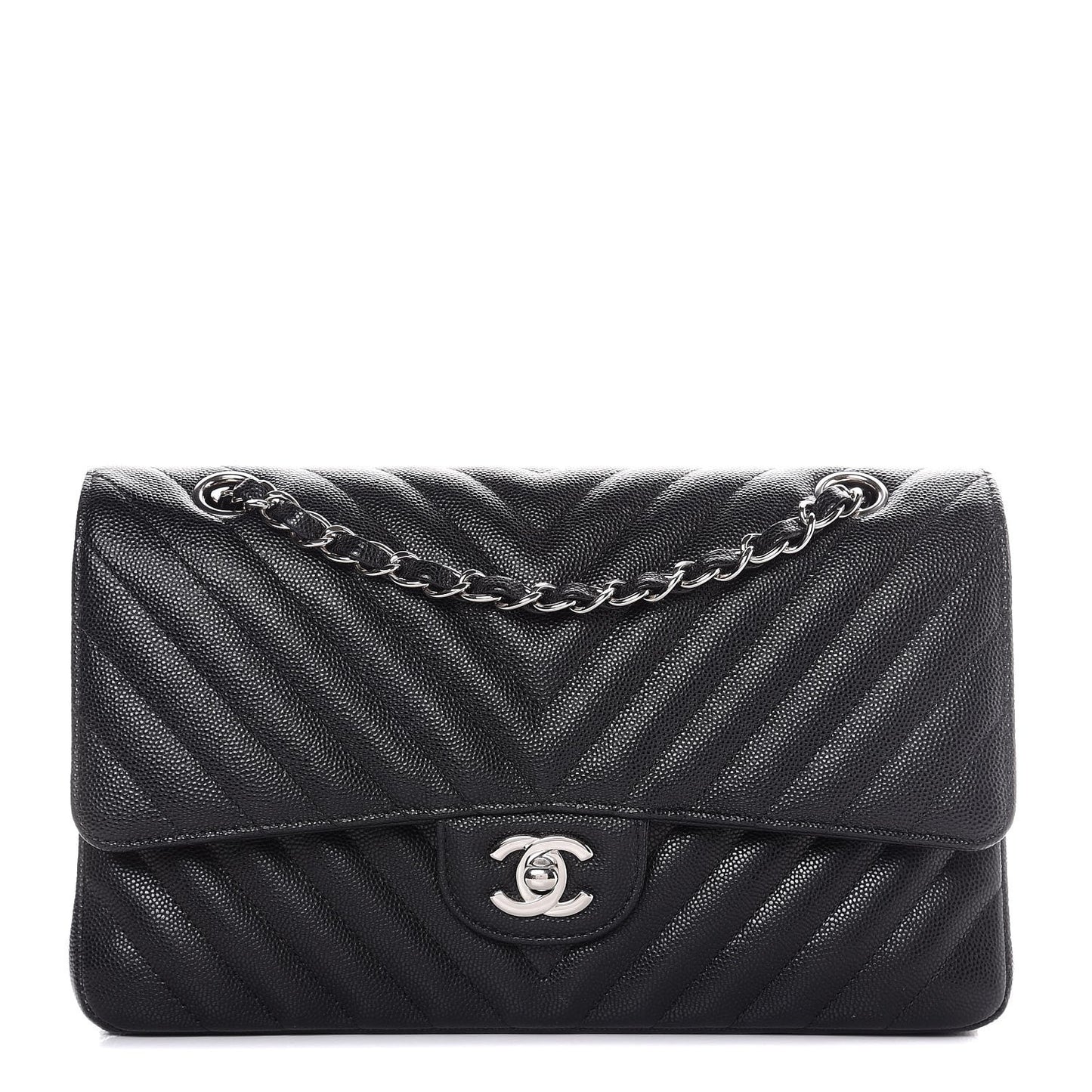 Caviar Chevron Quilted Medium Double Flap Black