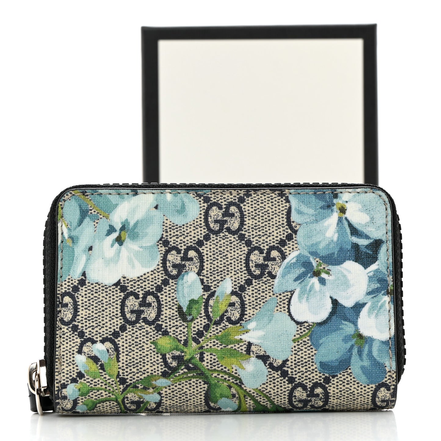 GG Supreme Monogram Blooms Zip Around Card Case Wallet Beige Blue Navy