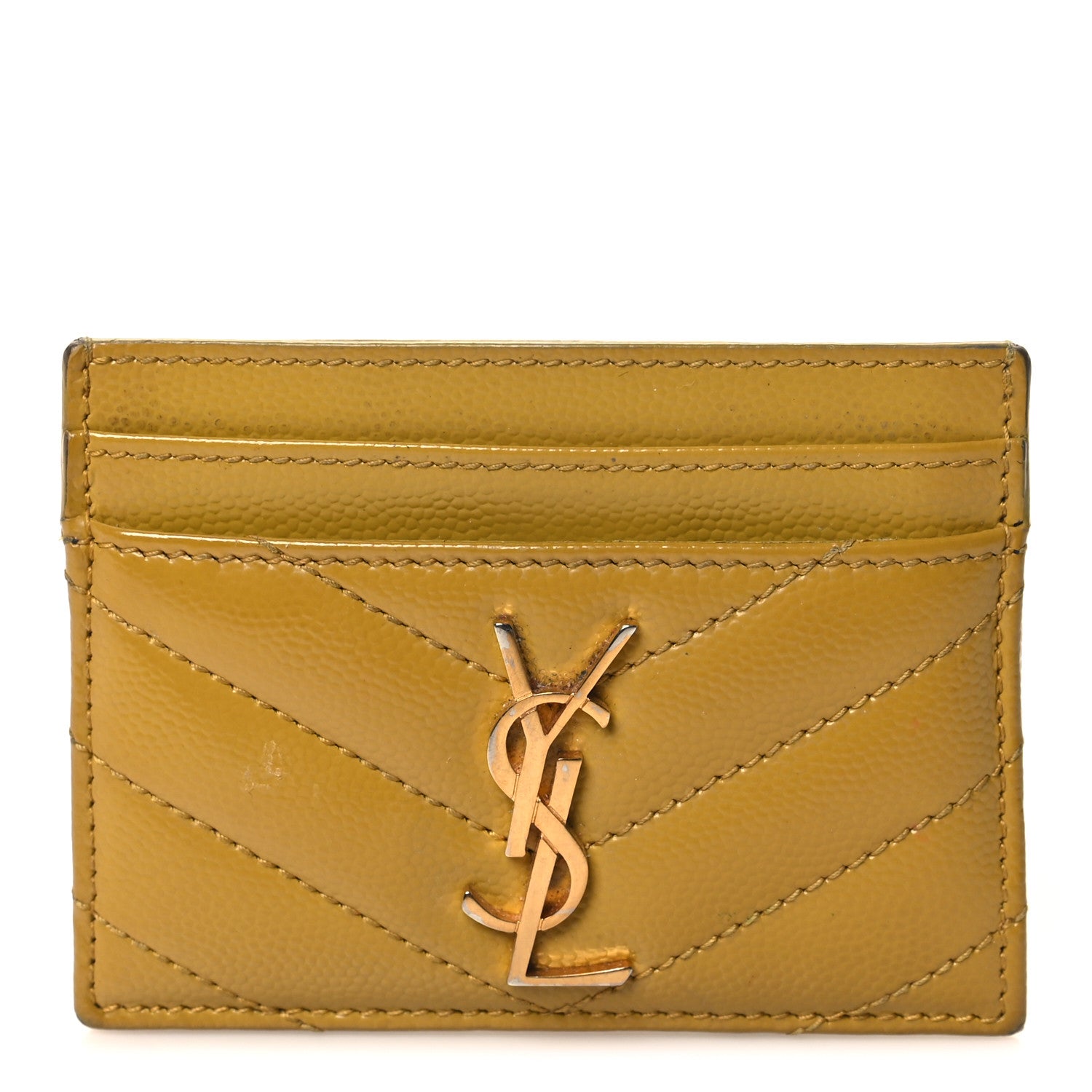 Saint Laurent Grain De Poudre Matelasse Chevron Monogram Credit Card Case Light Chartreuse 1 of 7
