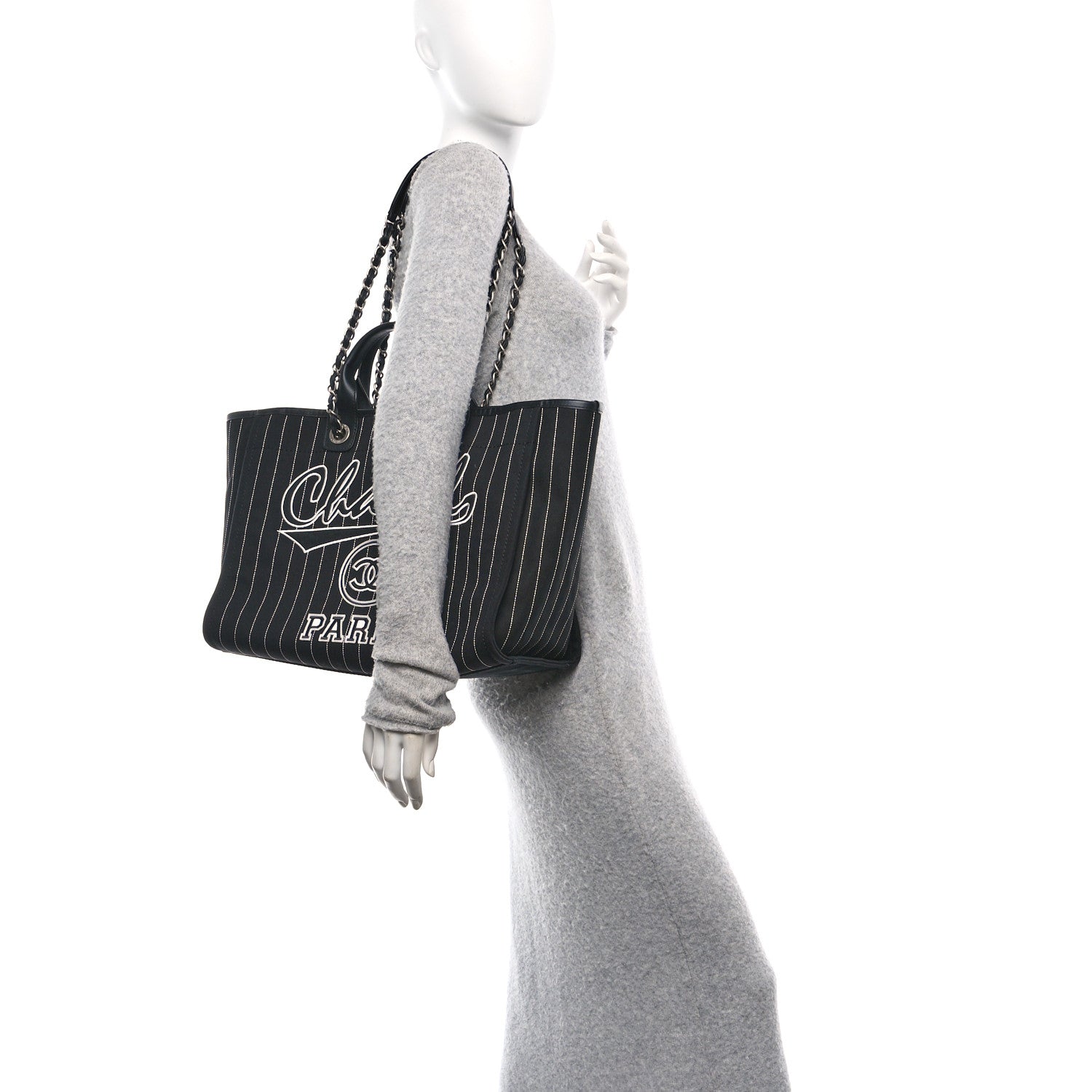 Chanel Canvas Calfskin Striped Medium Deauville Tote Black White 2 of 11