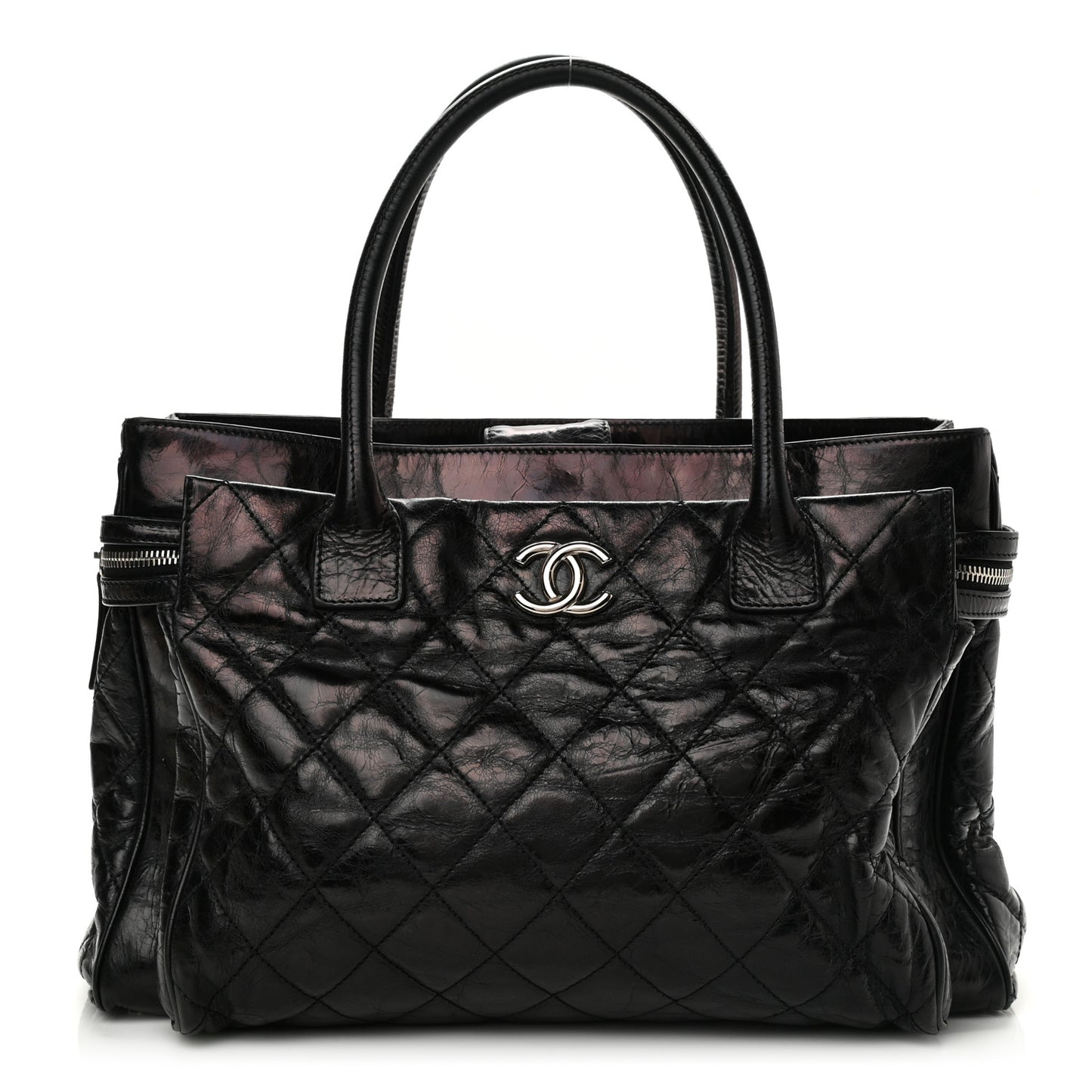 Glazed Calfskin Quilted Large New Portobello Tote Black