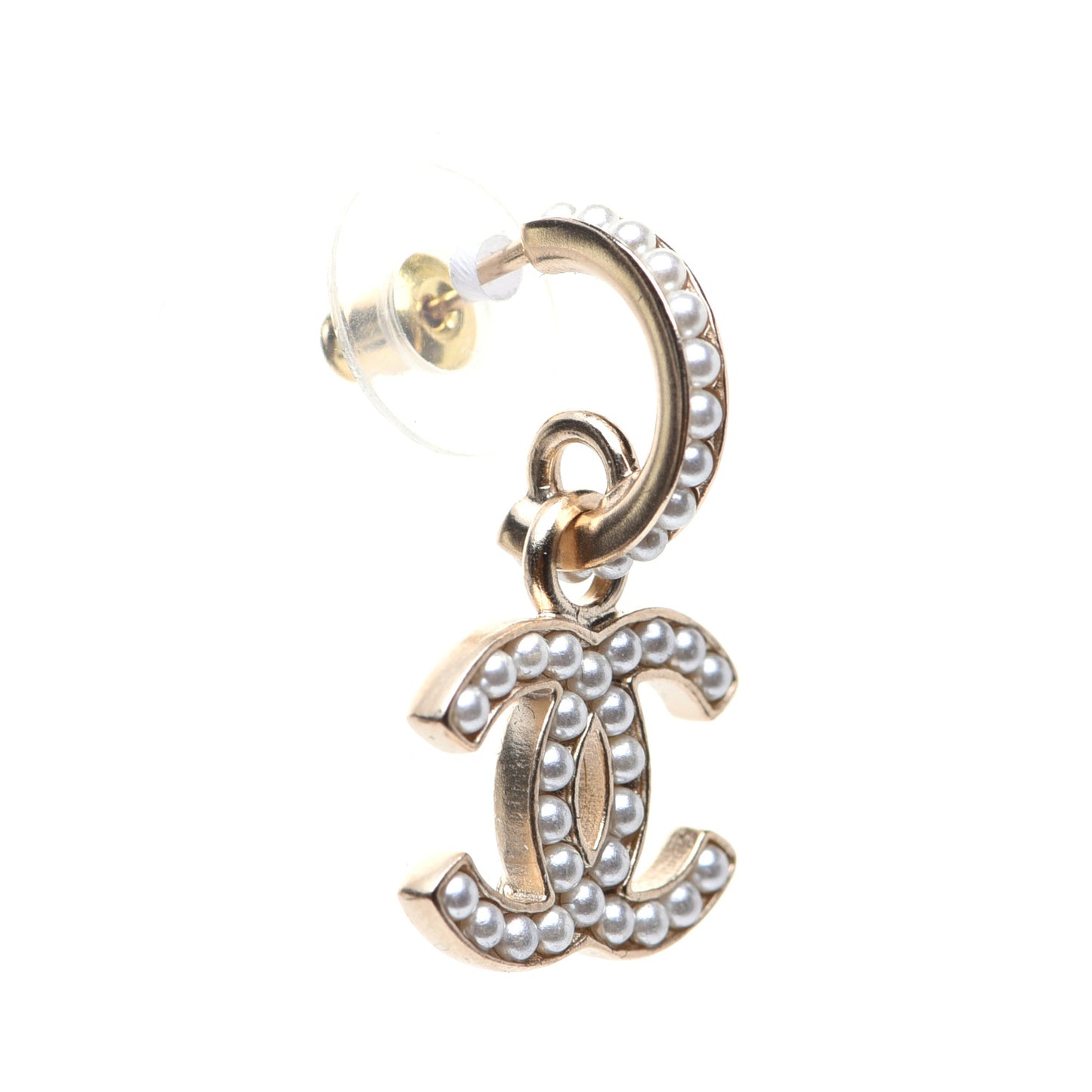 Pearl CC Hoop Drop Earring Gold