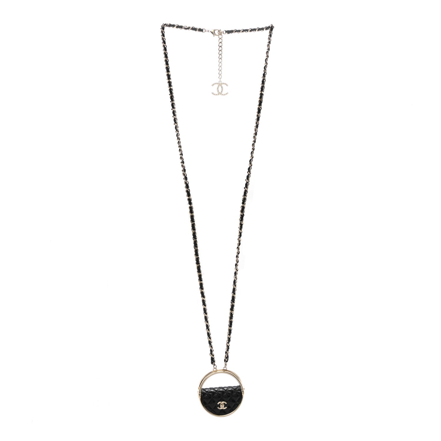 Chanel Metal Resin Quilted Flap Bag Hoop Mirror Necklace Black Gold 3 of 7