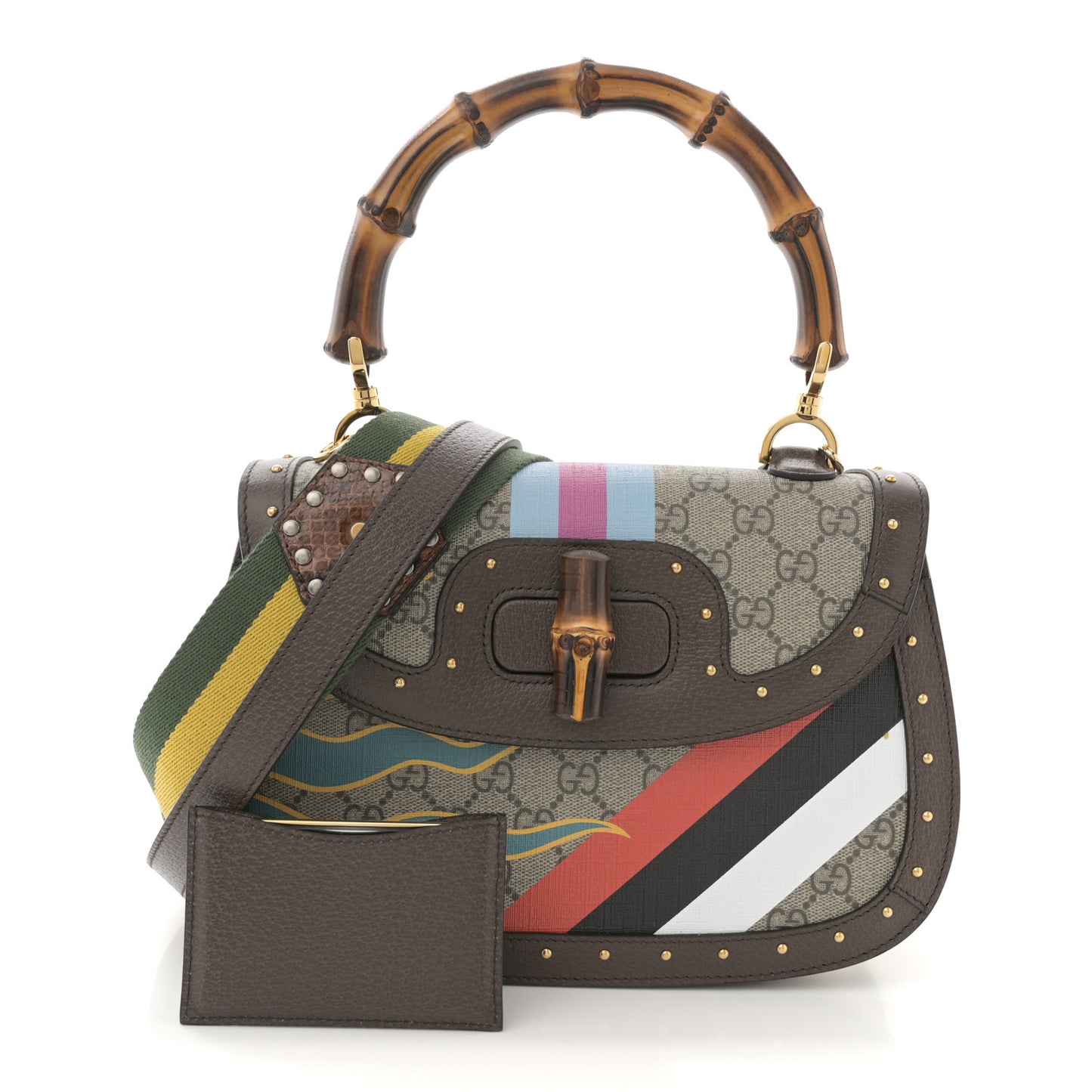 GG Supreme Monogram Studded Calfskin Centum Medium Bamboo 1947 Top Handle Bag Beige Ebony Multicolor