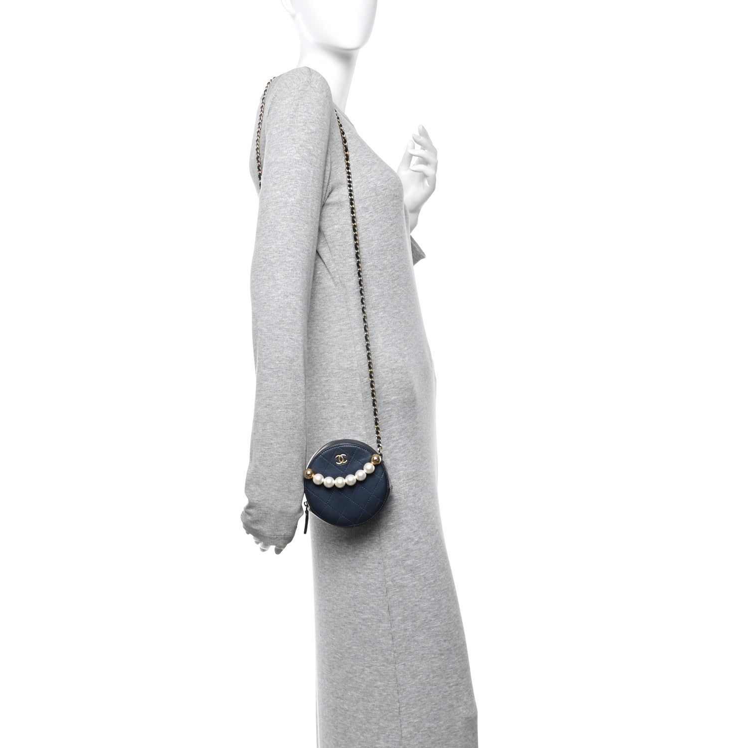 Chanel Goatskin Quilted Chic Pearls Chain Round Clutch With Chain  Navy 2 of 14