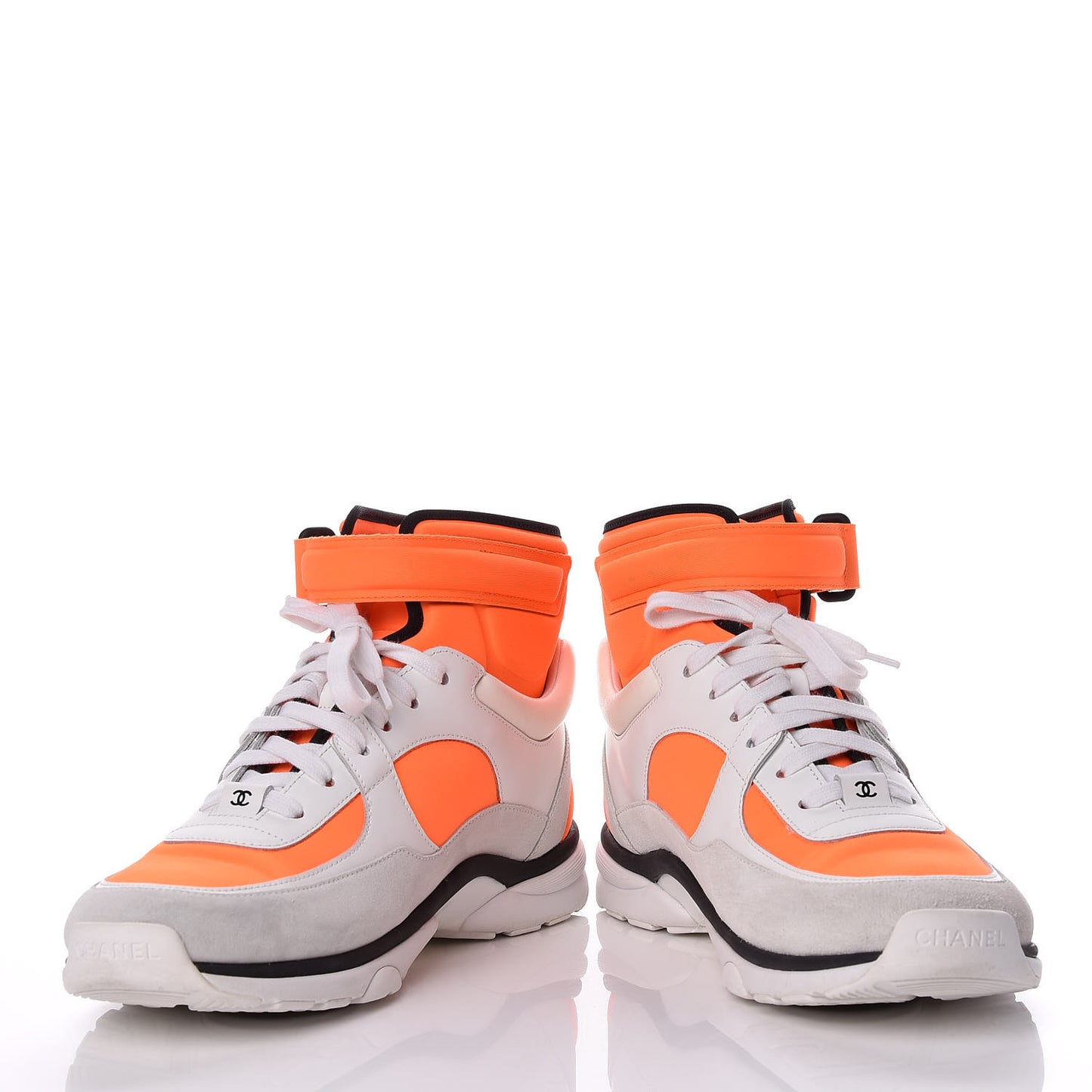 Suede Calfskin Lambskin Neoprene High Top CC Sneakers White Fluo Orange