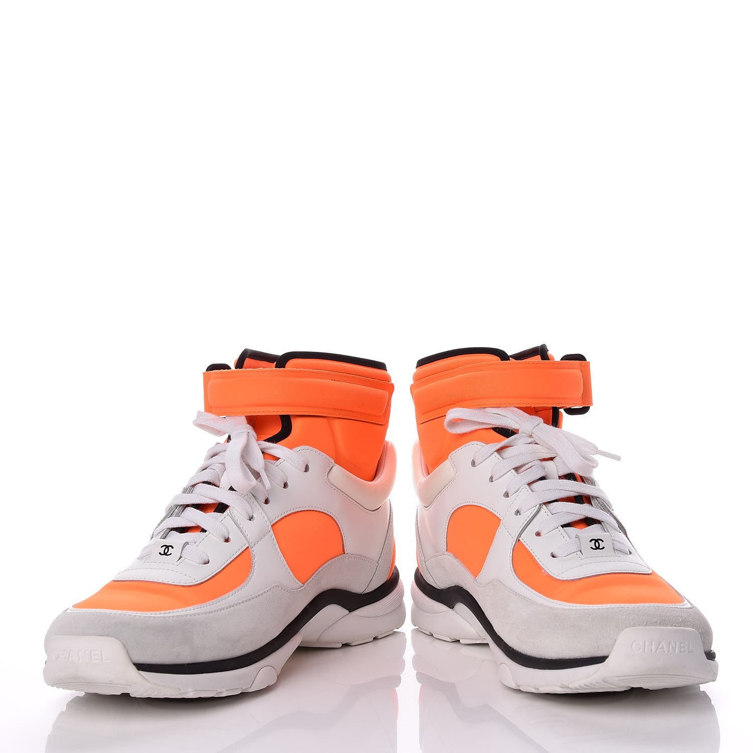 Chanel Suede Calfskin Lambskin Neoprene High Top CC Sneakers White Fluo Orange 5 of 10