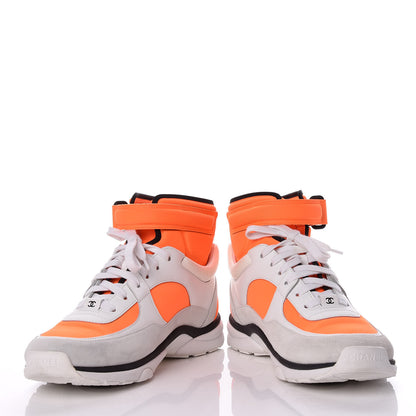 Chanel Suede Calfskin Lambskin Neoprene High Top CC Sneakers White Fluo Orange 5 of 10