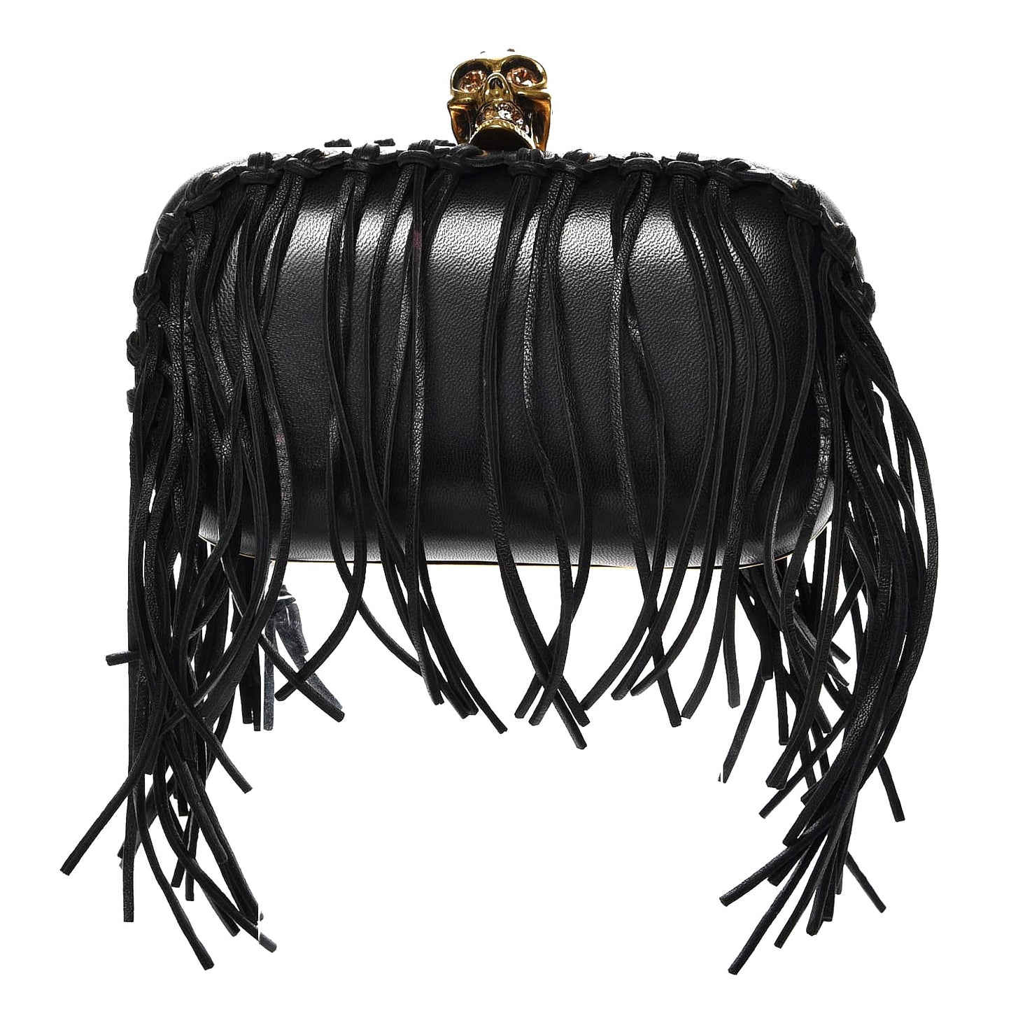 Calfskin Fringe Crystal Skull Box Clutch Black