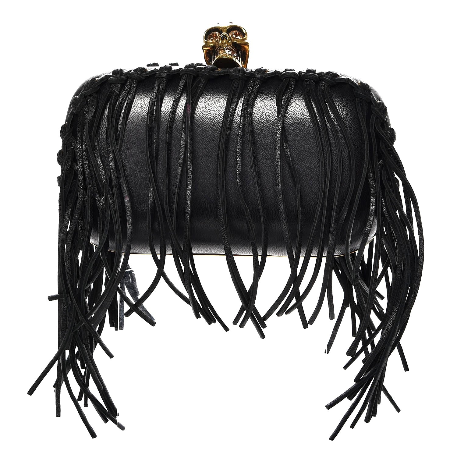 Alexander McQueen Calfskin Fringe Crystal Skull Box Clutch Black 1 of 7