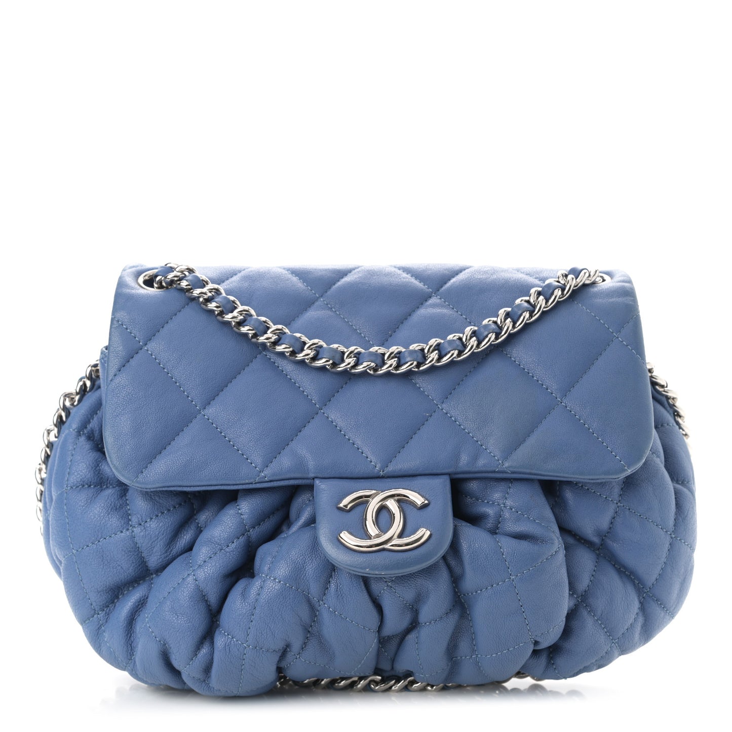 Washed Lambskin Quilted Medium Chain Around Messenger Blue