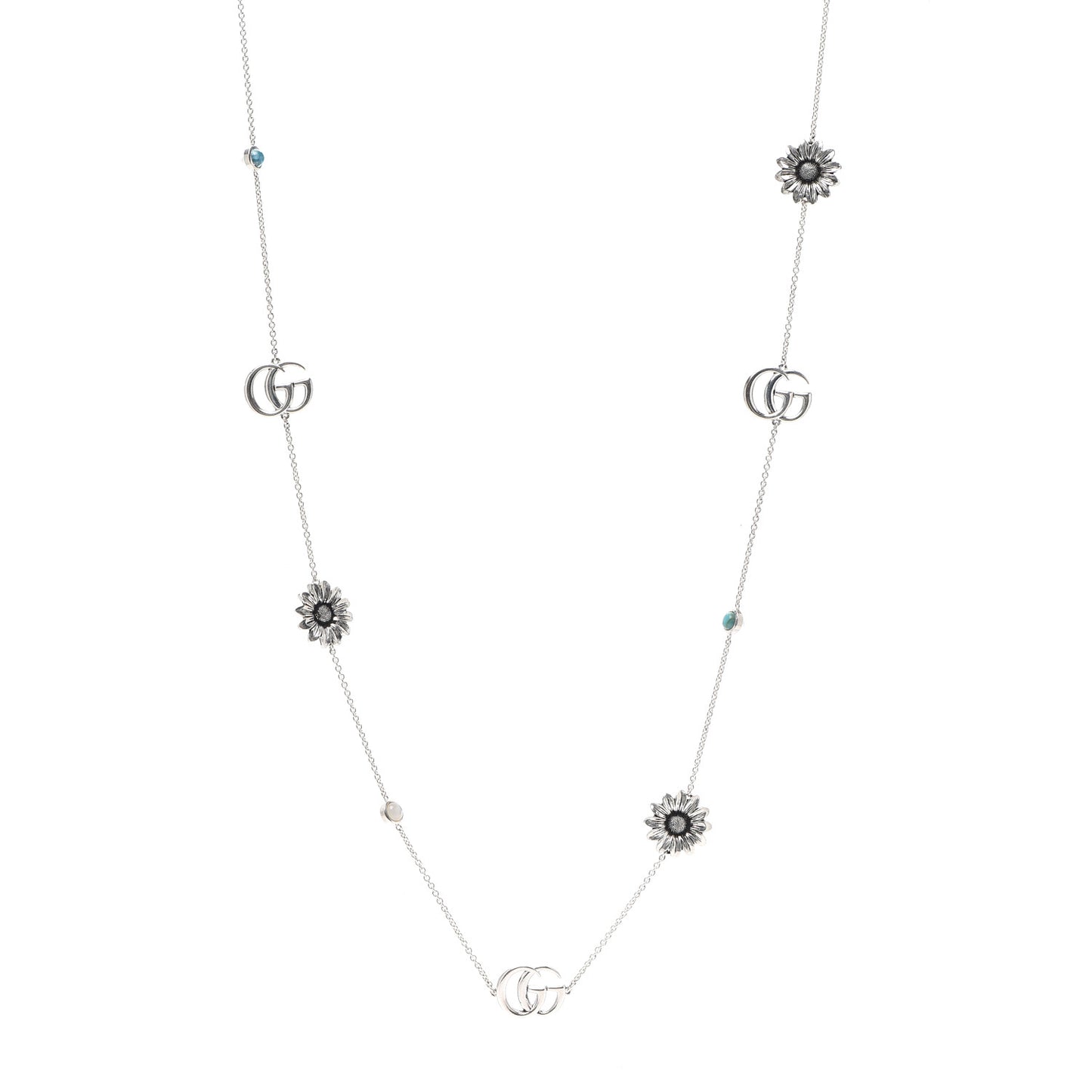 Sterling Silver Mother of Pearl Topaz GG Marmont Flower Station Necklace