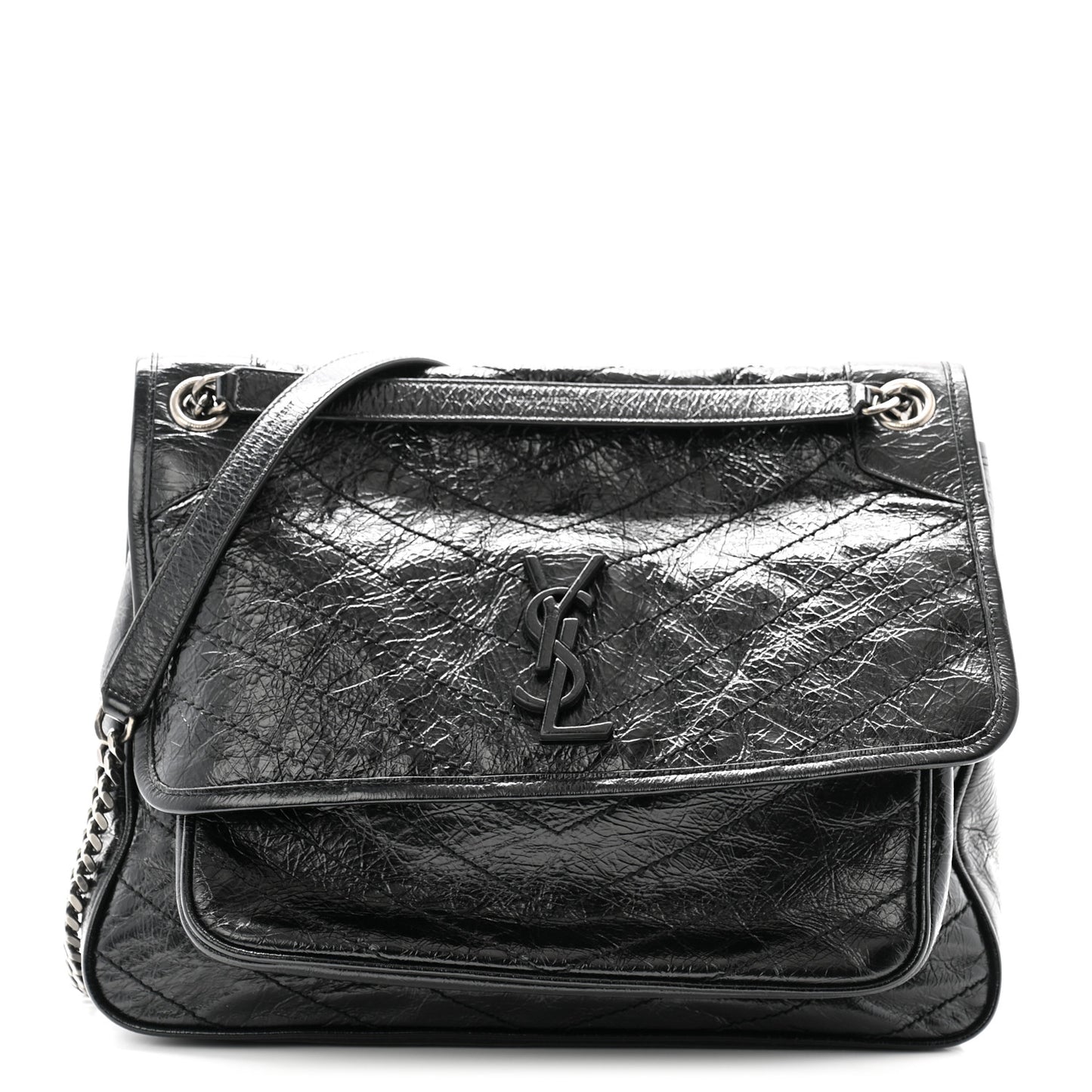 Crinkled Calfskin Matelasse Monogram Medium Niki Chain Satchel Black