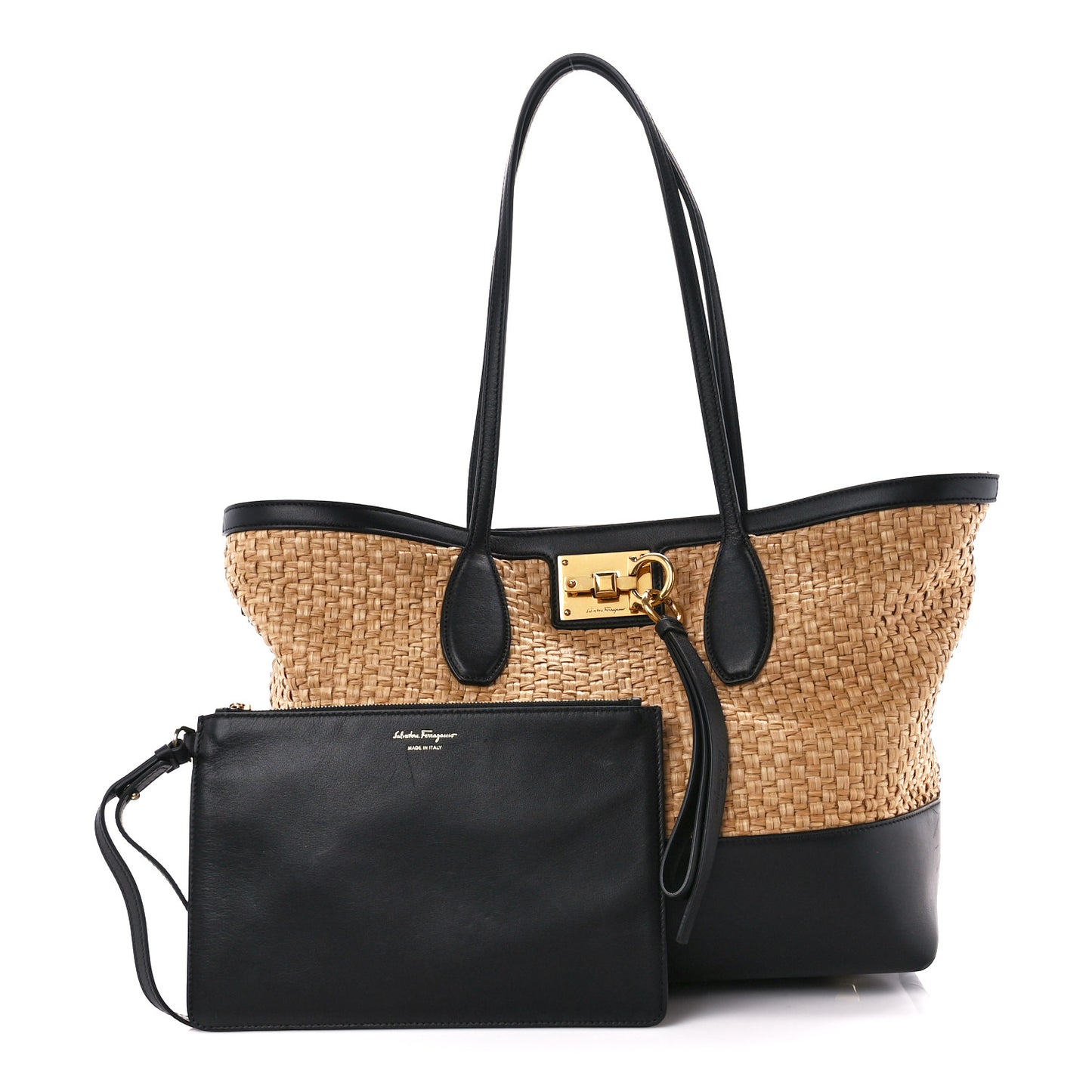 Woven Raffia Calfskin The Studio Tote Beige Black