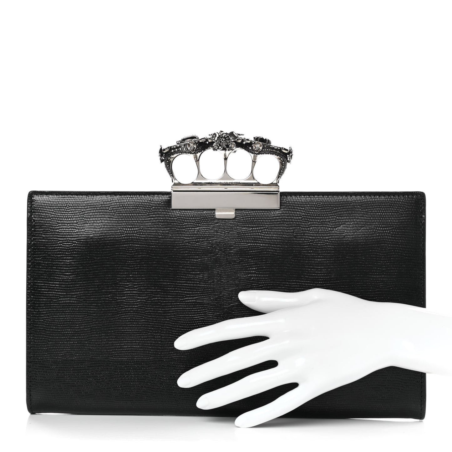 Calfskin Lizard Embossed Knuckle Flat Clutch Black