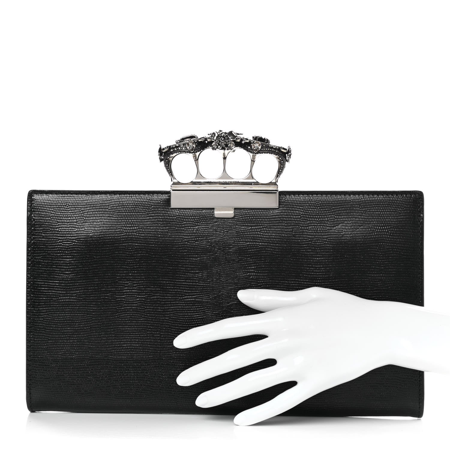 Alexander McQueen Calfskin Lizard Embossed Knuckle Flat Clutch Black 2 of 12