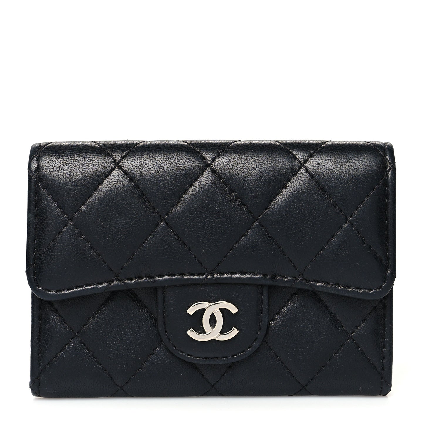 Lambskin Quilted Flap Card Holder Wallet Black