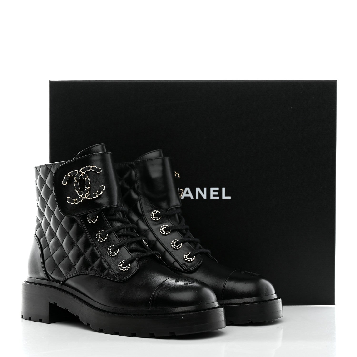 Chanel Shiny Lambskin Quilted Lace Up Combat Boots 39 Black 11 of 11