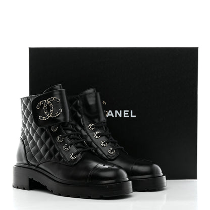 Chanel Shiny Lambskin Quilted Lace Up Combat Boots 39 Black 11 of 11