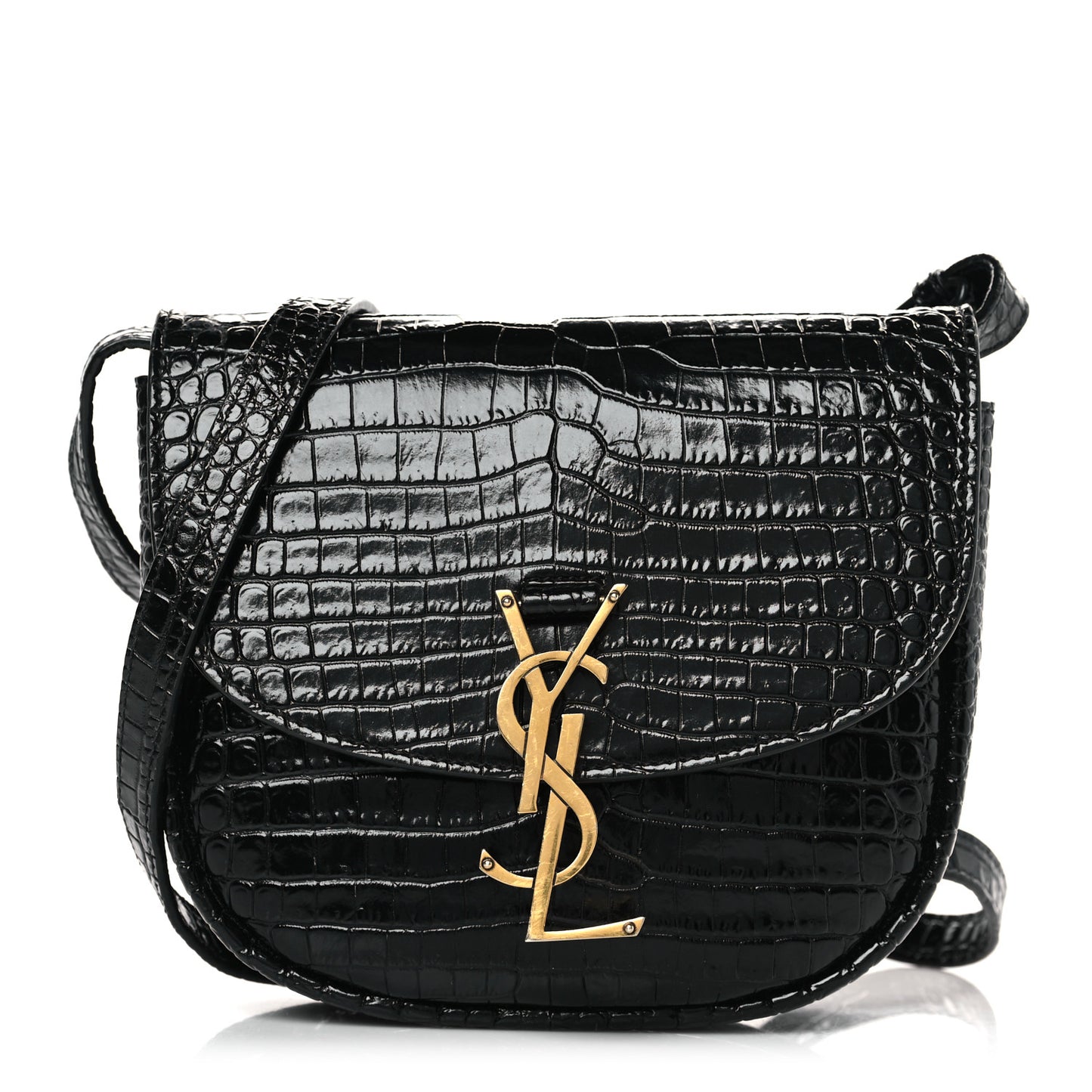Crocodile Embossed Calfskin Small Kaia Satchel Black